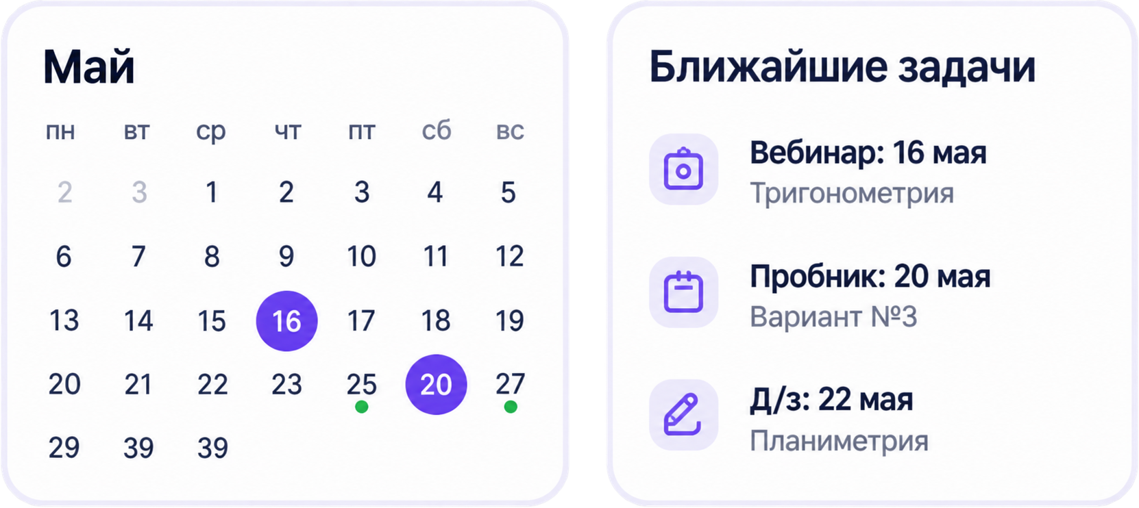 Пример графика занятий и ближайших задач